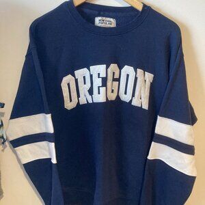 Navy Oregon Sweatshirt Crewneck Pullover with Striped Sleeves Size Large